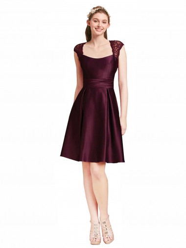 Square Neck Knee Length Satin & Lace Grape Sleeveless Bridesmaid Dress Darwin