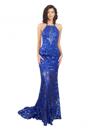 High Neck Long Lace Royal Blue Sleeveless Semi Formal Evening Dress / Prom Dress / Bridesmaid Dress Darwin