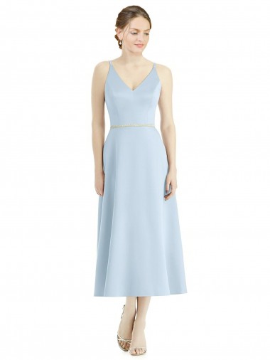 V-Neck Tea Length Satin Light Sky Blue Sleeveless Bridesmaid Dress Darwin