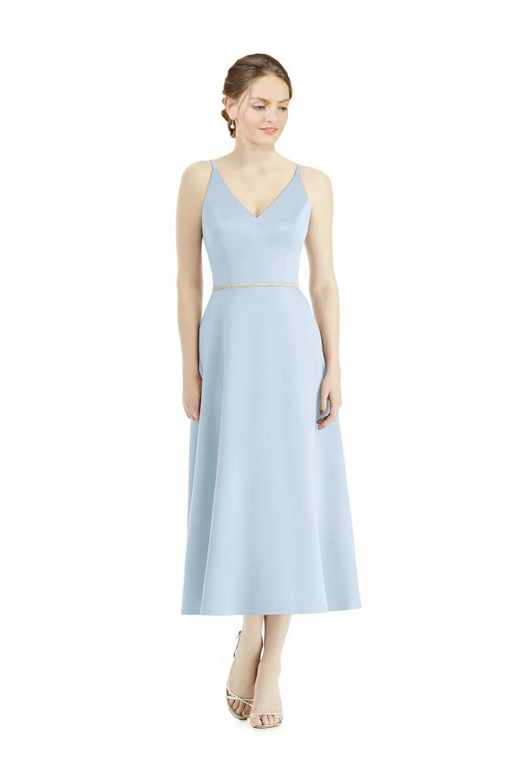 V-Neck Tea Length Satin Light Sky Blue Sleeveless Bridesmaid Dress Darwin