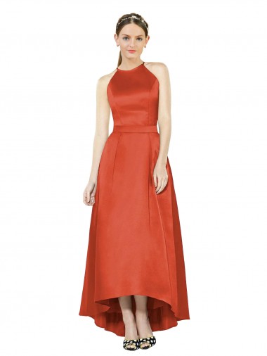 Halter Neck Satin Spice Red Sleeveless High Low Bridesmaid Dress Darwin