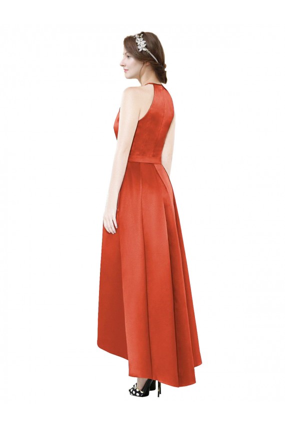 Halter Neck Satin Spice Red Sleeveless High Low Bridesmaid Dress Darwin