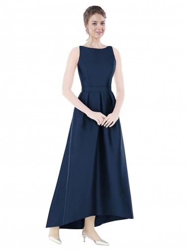 Bateau Neck Long Satin Dark Navy Sleeveless High Low Bridesmaid Dress Darwin