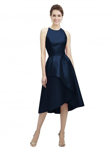 Jewel Neck Tea Length Satin Dark Navy Sleeveless High Low Bridesmaid Dress Darwin