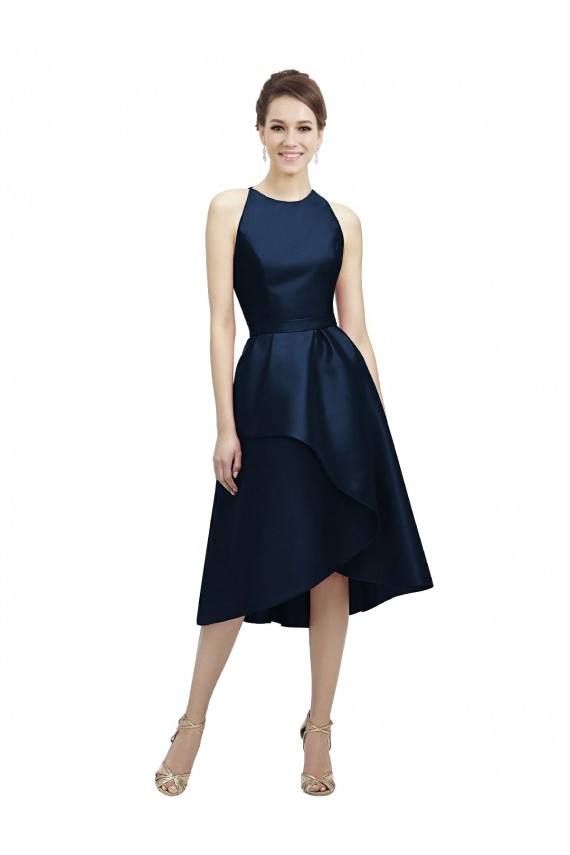 Jewel Neck Tea Length Satin Dark Navy Sleeveless High Low Bridesmaid Dress Darwin