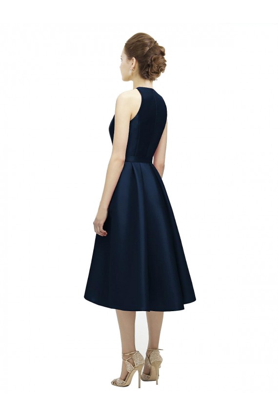 Jewel Neck Tea Length Satin Dark Navy Sleeveless High Low Bridesmaid Dress Darwin