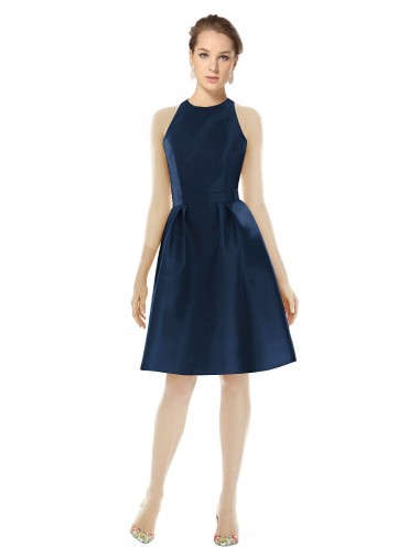 Halter Neck Cocktail Length Satin Dark Navy Sleeveless Bridesmaid Dress Darwin