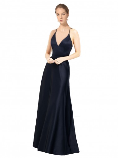 V-Neck Long Satin Dark Navy Sleeveless Prom Dress / Bridal Party Dress Darwin