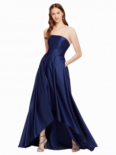 Strapless Long Satin Dark Navy Sleeveless High Low Evening Gown / Prom Dress / Bridesmaid Dress Darwin