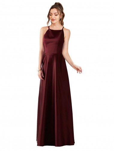 Halter Neck Long Satin Burgundy Gold Sleeveless Prom Dress / Bridesmaid Dress Darwin