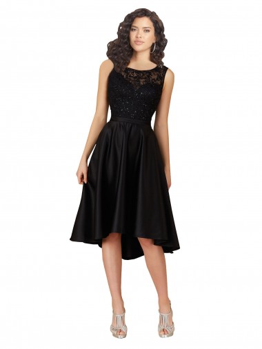 Illusion Neck Midi Length Satin & Lace Black Sleeveless High Low Bridesmaid Dress Darwin