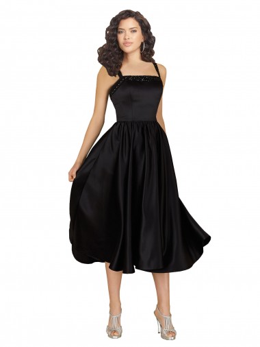 Square Neck Knee Length Satin Black Sleeveless Prom Dress / Bridesmaid Dress Darwin