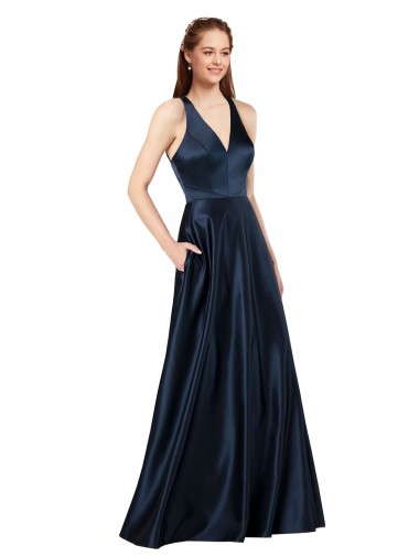 V-Neck Long Satin Dark Navy Sleeveless Formal Evening Gown / Prom Dress / Bridesmaid Dress Darwin