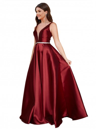 V-Neck Long Satin Burgundy Sleeveless Formal Plus Size Evening Gown / Prom Dress / Bridesmaid Dress Darwin