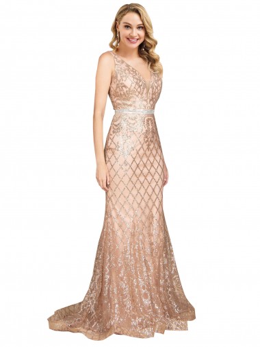 V-Neck Long Sequin & Sparkling Sequin Rose Gold Sleeveless Formal Plus Size Evening Gown / Prom Dress / Bridesmaid Dress Darwin