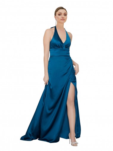 Halter Neck Long Silk like Satin Peacock Blue Sleeveless Formal Evening Gown / Prom Dress / Bridesmaid Dress Darwin