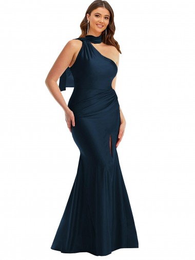 Halter Neck Long Silk like Satin Dark Navy Sleeveless Formal Plus Size Evening Gown / Prom Dress / Bridesmaid Dress Darwin