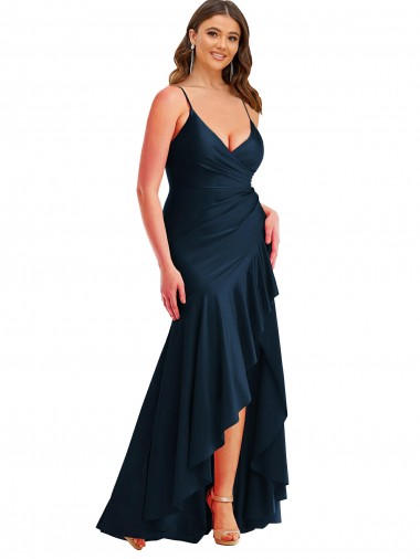 Spaghetti Straps Long Silk like Satin Dark Navy Sleeveless High Low Plus Size Evening Gown / Prom Dress / Bridesmaid Dress Darwin