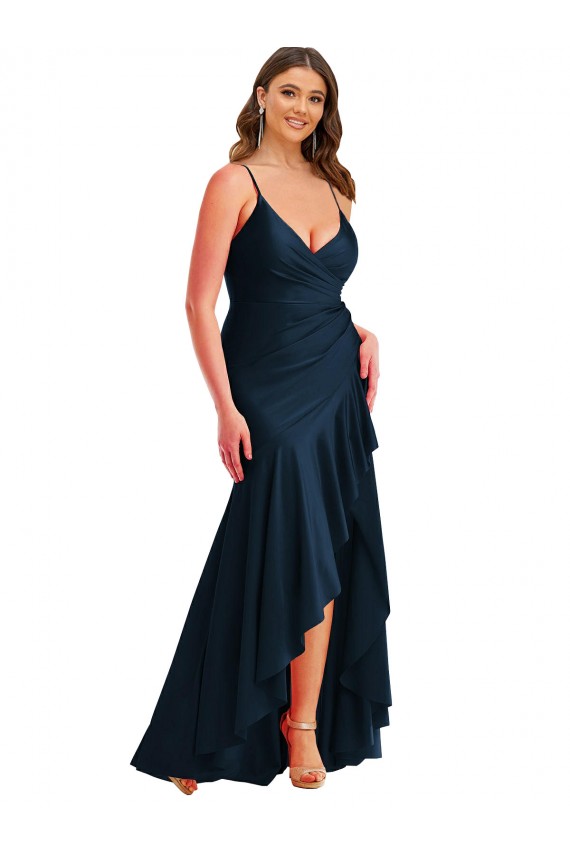 Spaghetti Straps Long Silk like Satin Dark Navy Sleeveless High Low Plus Size Evening Gown / Prom Dress / Bridesmaid Dress Darwin