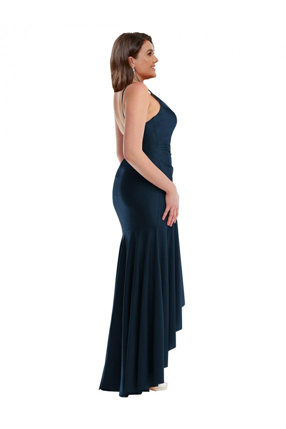 Spaghetti Straps Long Silk like Satin Dark Navy Sleeveless High Low Plus Size Evening Gown / Prom Dress / Bridesmaid Dress Darwin