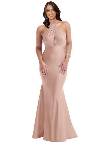 Halter Neck Long Silk like Satin Dusty Pink Sleeveless Formal Plus Size Evening Gown / Prom Dress / Bridesmaid Dress Darwin