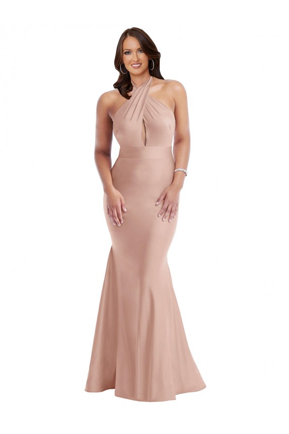 Halter Neck Long Silk like Satin Dusty Pink Sleeveless Formal Plus Size Evening Gown / Prom Dress / Bridesmaid Dress Darwin