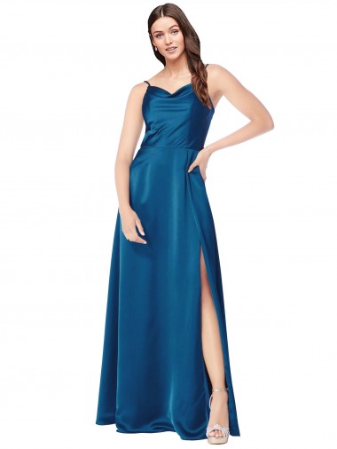 Cowl Neck Long Silk like Satin Peacock Blue Sleeveless Formal Evening Gown / Prom Dress / Bridesmaid Dress Darwin