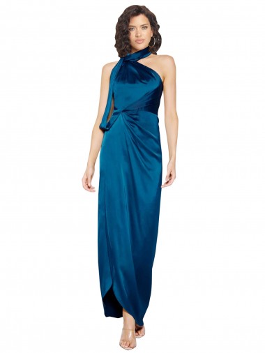 High Neck Long Silk like Satin Peacock Blue Sleeveless Formal Evening Gown / Prom Dress / Bridesmaid Dress Darwin