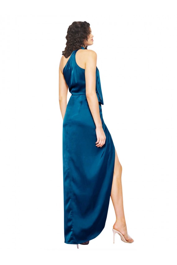 High Neck Long Silk like Satin Peacock Blue Sleeveless Formal Evening Gown / Prom Dress / Bridesmaid Dress Darwin