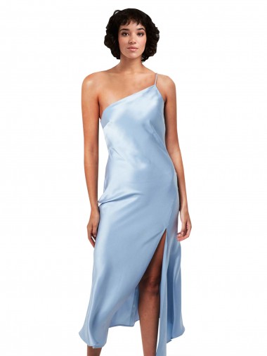 One Shoulder Midi Length Silk like Satin Light Sky Blue Sleeveless Formal Evening Gown / Prom Dress / Bridesmaid Dress Darwin