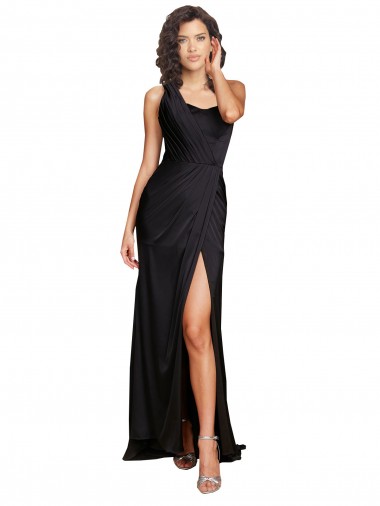 One Shoulder Long Silk like Satin Black Sleeveless Evening Dress / Bridesmaid Dress Darwin