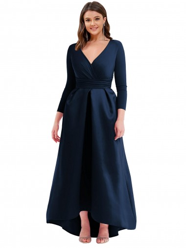 V-Neck Long Spandex Dark Navy Long Sleeves High Low Plus Size Evening Gown / Prom Dress / Bridesmaid Dress Darwin