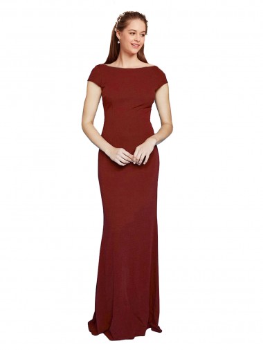 Round Neck Long Stretch Crepe Burgundy Cap Sleeves Formal Evening Gown / Prom Dress / Bridesmaid Dress Darwin