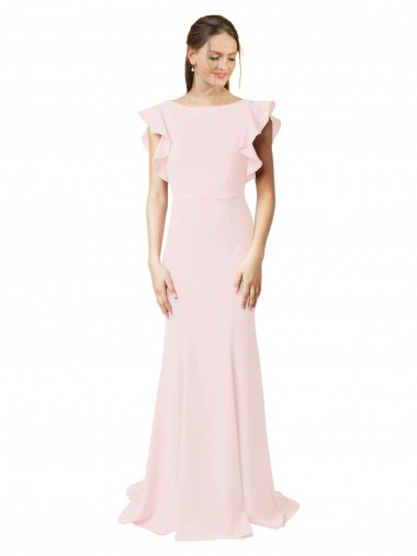 Jewel Neck Sweep Train Stretch Crepe Pink Ruffle Sleeves Black Tie Prom Dress / Bridesmaid Dress Darwin