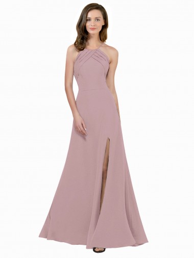 High Neck Long Stretch Crepe Dusty Pink A-Line Sleeveless Prom Dress / Bridesmaid Dress Darwin