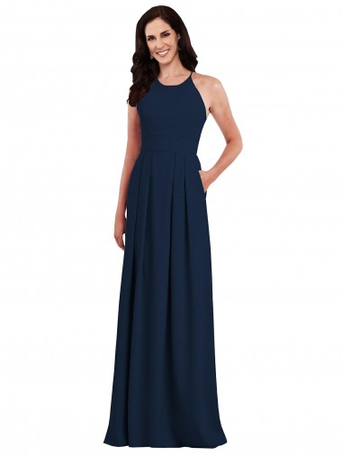 Halter Neck Long Stretch Crepe Dark Navy Sleeveless Semi Formal Evening Dress / Bridesmaid Dress Darwin