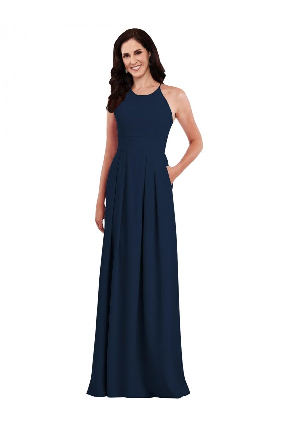 Halter Neck Long Stretch Crepe Dark Navy Sleeveless Semi Formal Evening Dress / Bridesmaid Dress Darwin