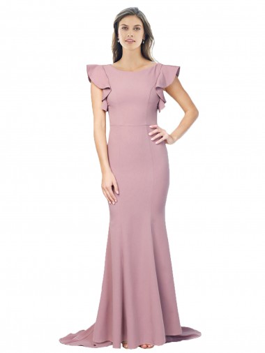 Round Neck Sweep Train Stretch Crepe Dusty Pink Flutter Sleeves Formal Evening Gown / Prom Dress / Bridesmaid Dress Darwin