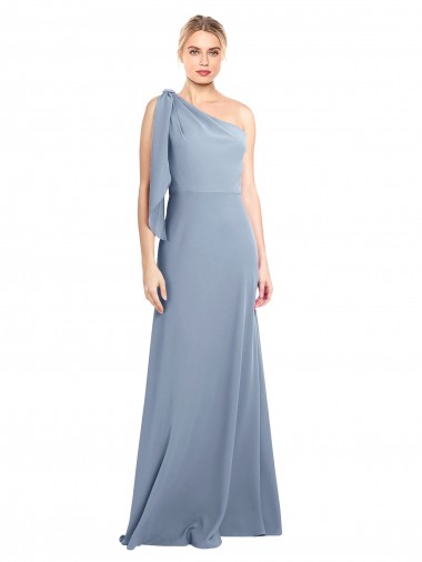 One Shoulder Long Stretch Crepe Smoke Blue Flutter Sleeves Formal Dress / Bridesmaid Dress Darwin