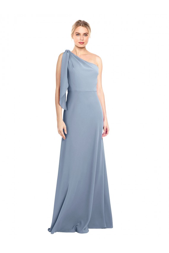 One Shoulder Long Stretch Crepe Smoke Blue Flutter Sleeves Formal Dress / Bridesmaid Dress Darwin