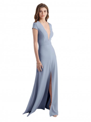 High Neck Long Stretch Crepe Smoke Blue Cap Sleeves Prom Dress / Bridesmaid Dress Darwin