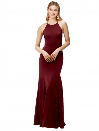 High Neck Long Stretch Crepe Burgundy Gold Sleeveless Formal Evening Gown / Prom Dress / Bridesmaid Dress Darwin