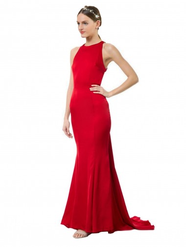 High Neck Long Stretch Crepe Red Sleeveless Formal Evening Gown / Bridesmaid Dress Darwin