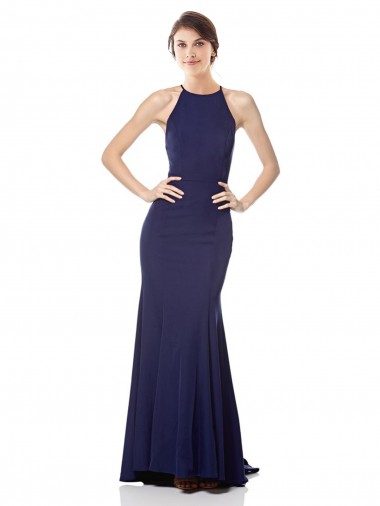 High Neck Long Stretch Crepe Navy Blue Sleeveless Bridesmaid Dress / Formal Dress Darwin