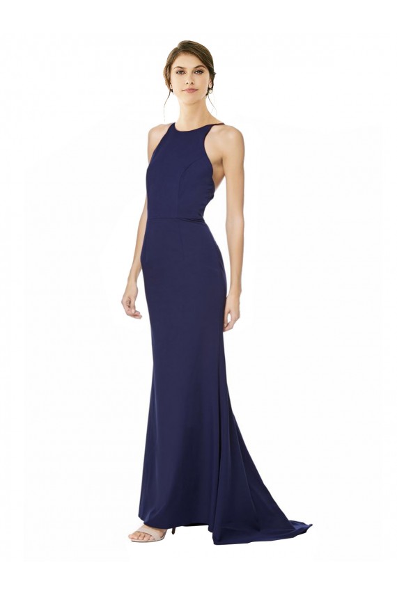 High Neck Long Stretch Crepe Navy Blue Sleeveless Formal Evening Gown / Prom Dress / Bridesmaid Dress Darwin