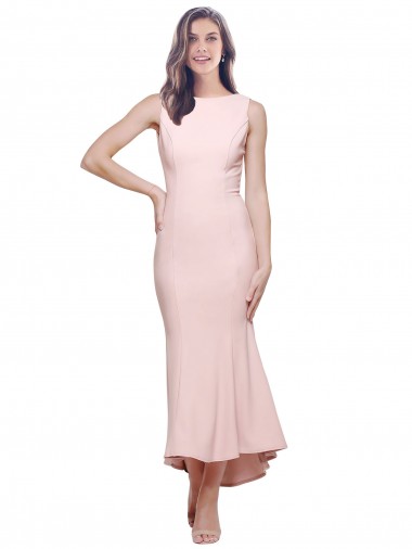 High Neck Midi Length Stretch Crepe Pink Sleeveless High Low Evening Gown / Prom Dress / Bridesmaid Dress Darwin