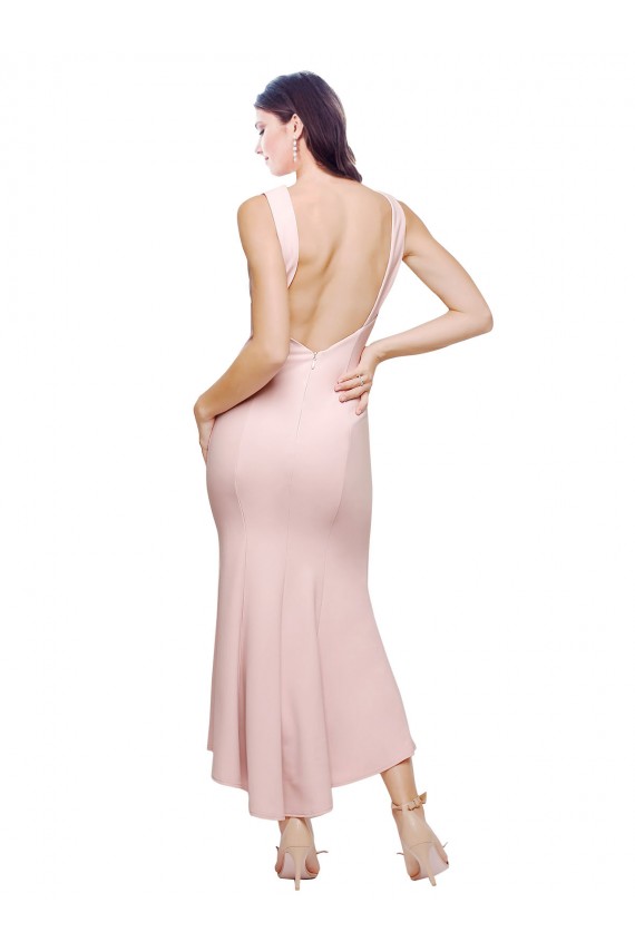 High Neck Midi Length Stretch Crepe Pink Sleeveless High Low Evening Gown / Prom Dress / Bridesmaid Dress Darwin