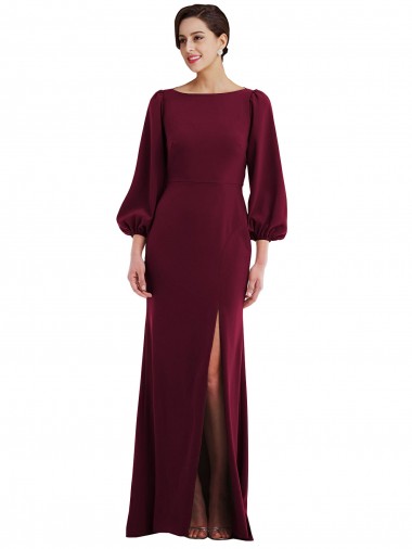 Bateau Neck Long Stretch Crepe Burgundy Gold Long Sleeves Formal Evening Gown / Prom Dress / Bridesmaid Dress Darwin