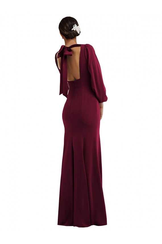 Bateau Neck Long Stretch Crepe Burgundy Gold Long Sleeves Formal Evening Gown / Prom Dress / Bridesmaid Dress Darwin