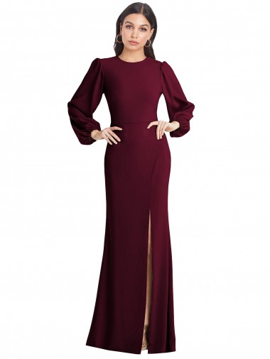 Bateau Neck Long Stretch Crepe Burgundy Gold Puff Sleeves Formal Dress / Bridesmaid Dress Darwin